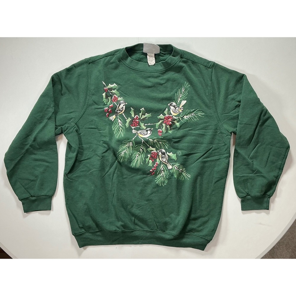 VTG Y2K Blair Christmas Granny Sweatshirt Women M Green Bird Holly Winter